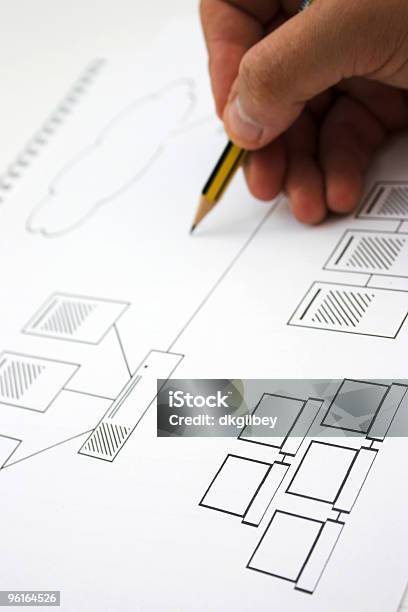 Closeup Of Handdrawn Networking Design Blueprints Stock Photo - Download Image Now