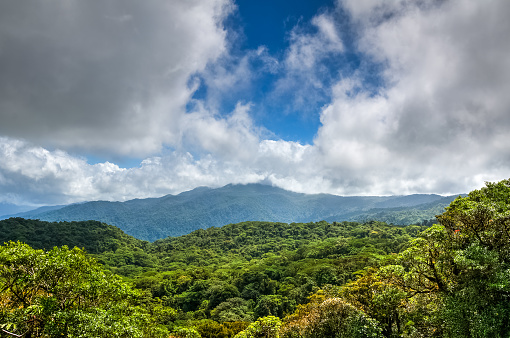 Hole in the clouds above the canopy of the cloud forest surrounding Arenal volcano, Monteverde, Costa rica