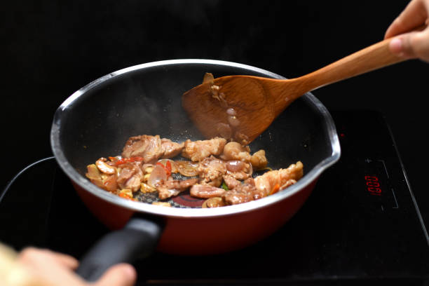 Stir Fried pork and red onion before put the Vegetable in teflon pan heat source by induction cooker