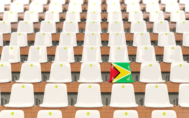 Stadium seat with flag of guyana in a row of white chairs. 3D illustration