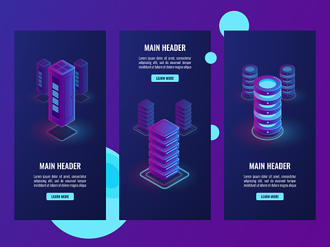 Server Rack Banners Set Of Banners Server Room Rack Isometric Vector Networking Area Data ...