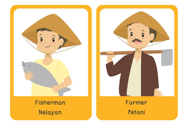 ilustrações de stock, clip art, desenhos animados e ícones de professions bilingual flashcard design, farmer and fisherman cartoon vector - fishers of men flash