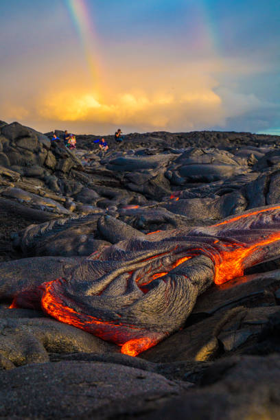 Lava flowing on Hawaii's Big Island Hot lava on the Big Island of Hawaii hawaii volcanoes national park photos stock pictures, royalty-free photos & images