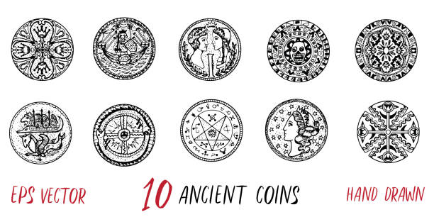 Vintage collection with ten ancient coins Hand drawn doodle engraved illustration with graphic drawings change drawings stock illustrations
