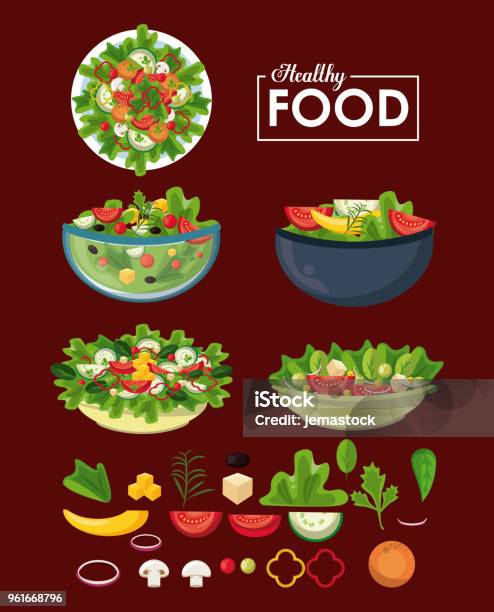 Healthy Food Concept Stock Illustration - Download Image Now - Salad, Salad Bowl, Illustration