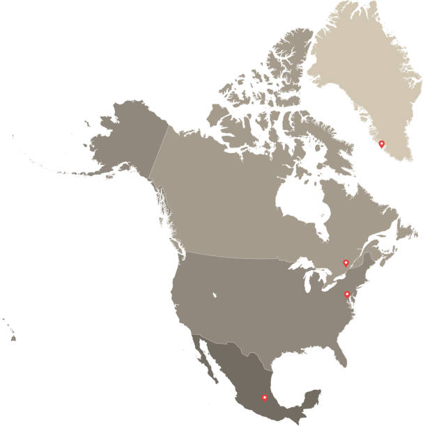 ilustrações, clipart, desenhos animados e ícones de contorno vetor mapa américa do norte, com as fronteiras de países e capitais locais em fundo cinza. altamente detalhado mapa preciso dos países norte-americanos, incluindo eua, canadá e méxico - outline mexico flat world map