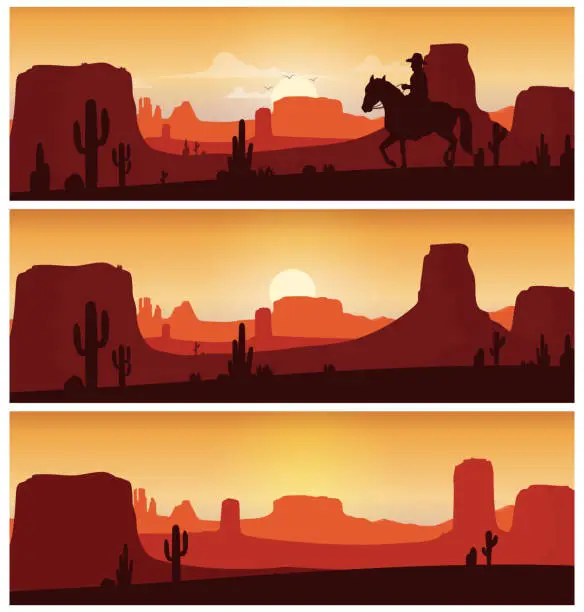 Vector illustration of Cowboy riding horse against sunset background. Wild western silhouettes banners