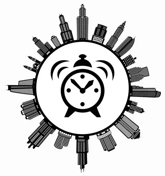 Vector illustration of Alarm Clock   on Modern Cityscape Skyline Background