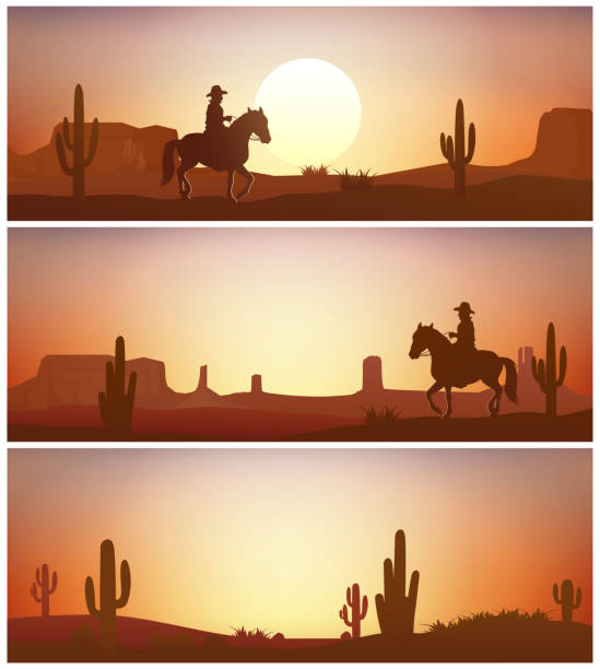 illustrations, cliparts, dessins animés et icônes de cowboy cheval sur fond de coucher de soleil. bannières de silhouettes ouest sauvage - éleveur