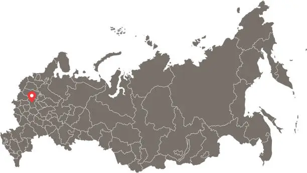 Vector illustration of Russia map vector outline with borders of federal subjects or provinces or states and capital city location, Moscow, in gray background. Highly detailed accurate map of Russia