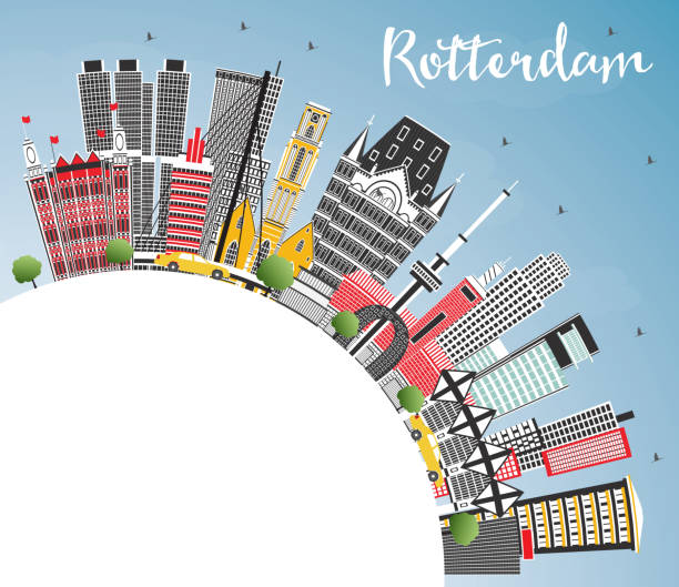 stockillustraties, clipart, cartoons en iconen met de skyline van rotterdam nederland stad met grijs gebouwen, blauwe hemel en kopie ruimte. - rotterdam