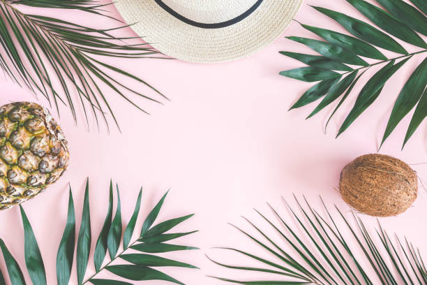 istock Summer composition on pastel pink background. Flat lay, top view 961690076