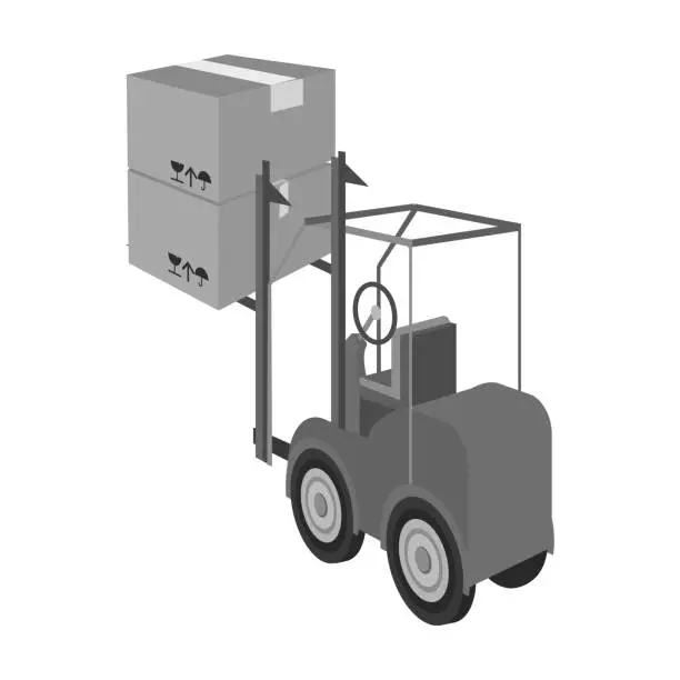 Vector illustration of Cargo transportation by means of a loader. Transportation and delivery single icon in monochrome style isometric vector symbol stock illustration web.