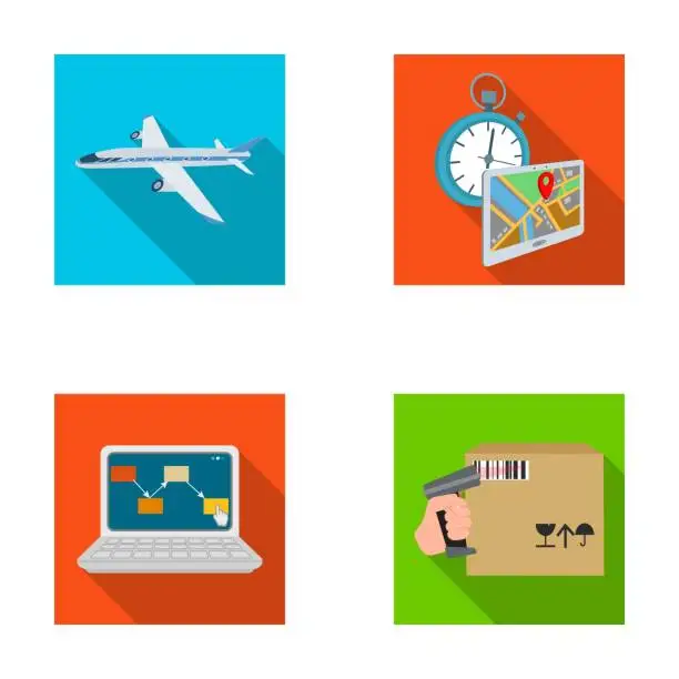 Vector illustration of Transport aircraft, delivery on time, computer accounting, control and accounting of goods. Logistics and delivery set collection icons in flat style isometric vector symbol stock illustration web.