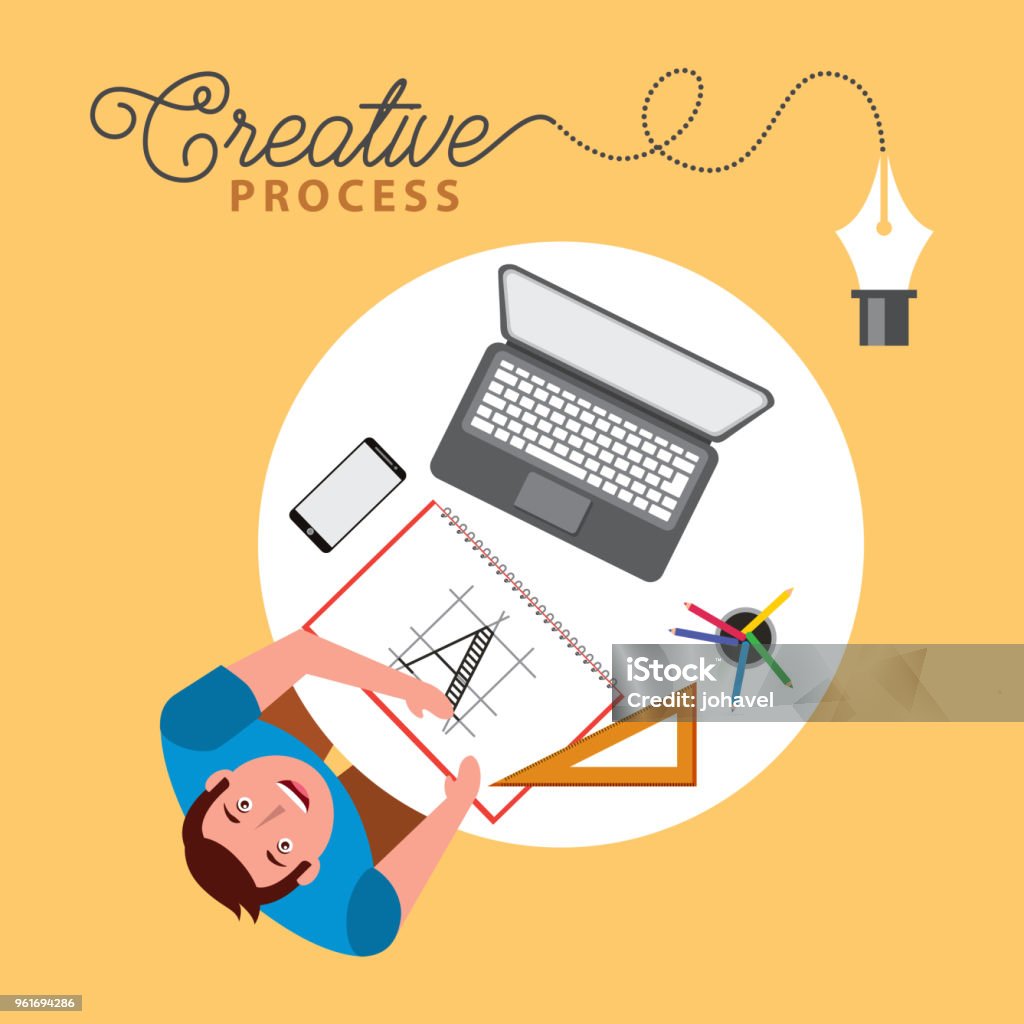 people working creative process top view young man designer working computer tools at desk vector illustration vector illustration Adult stock vector