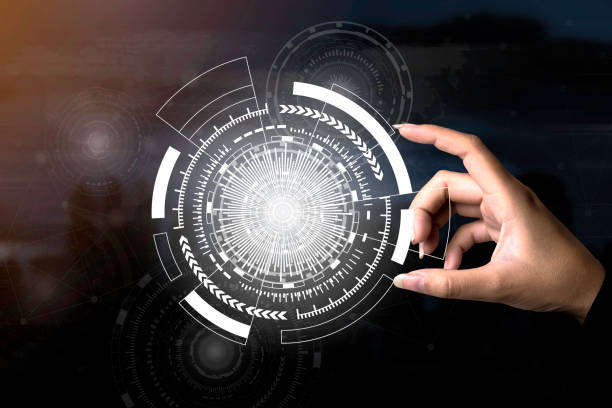 istock Future technology concept. Closeup hand touching bright technology icons with dark blurred background. Picture for add text message. Backdrop for design art work. 961695134