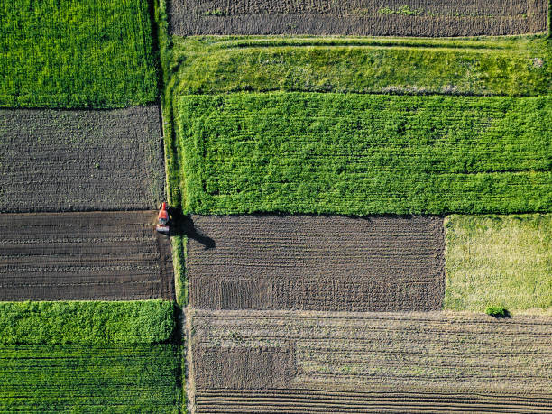 istock Aerial view of tractor pulling drill sowing seed In field 961695990