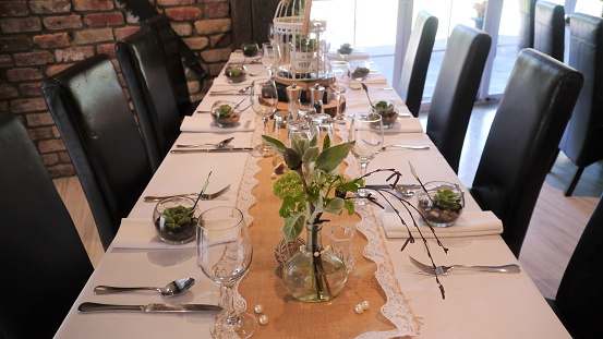 Shot of wedding reception dinner table decoration