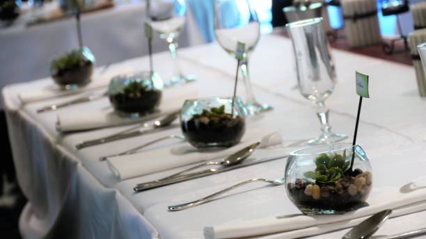 istock Shot of wedding reception dinner table decoration 961696564