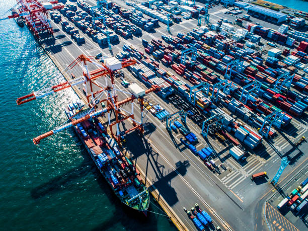 istock Containers of various colors are lined next to the sea. 961701572