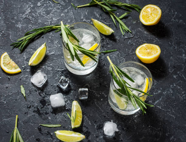 istock Alcoholic drink gin tonic cocktail with lemon, rosemary and ice on stone table 961701746