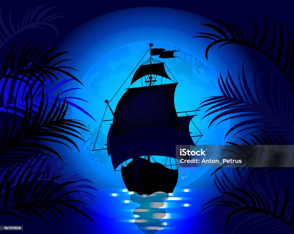 Amazing night landscape with sailing ship at sea on a background Amazing night landscape with sailing ship at sea on a background of blue moon Tall Ship stock vector