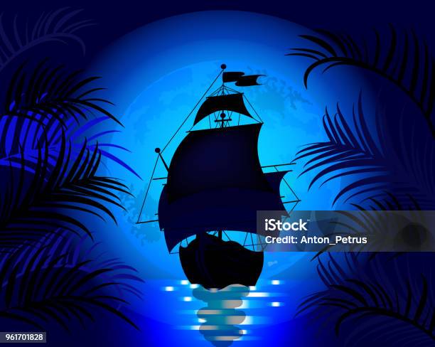 Amazing Night Landscape With Sailing Ship At Sea On A Background Stock Illustration - Download Image Now