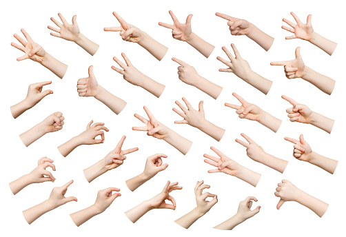 Child hands showing symbols and gestures, like, offering isolated on white background. Set of male hands.
