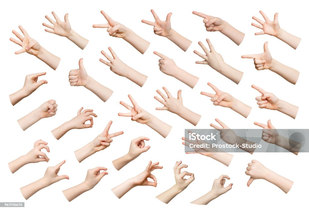 Set of child hands showing symbols Child hands showing symbols and gestures, like, offering isolated on white background. Set of male hands. Hand Stock Photo