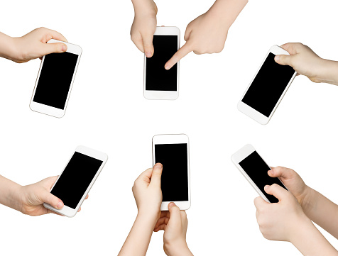 Set of child hands holding and pointing on blank screen of smartphone. Isolated at white background. Online technology and communication concept