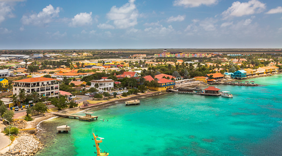 Arriving at Bonaire, capture from Ship at the Capital of Bonaire, Kralendijk in this beautiful island of the Caribbean Netherlands, with its paradisiac beaches and water.