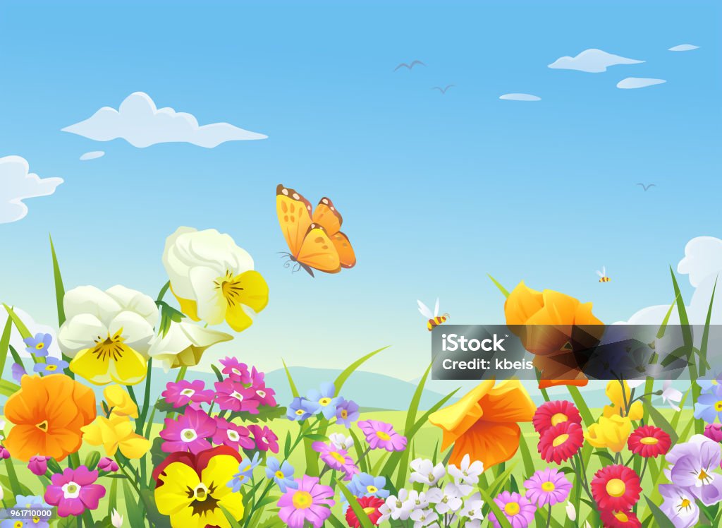 Beautiful Blooming Meadow Beautiful blooming meadow flowers, bees and butterflies in spring or summer. In the background is a landscape with hills and a bright blue sky with clouds. Vector illustration with space for text. Flower stock vector