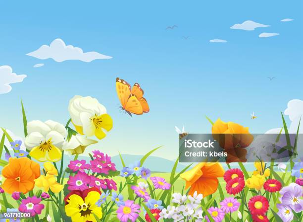 Beautiful Blooming Meadow Stock Illustration - Download Image Now - Flower, Meadow, Cartoon