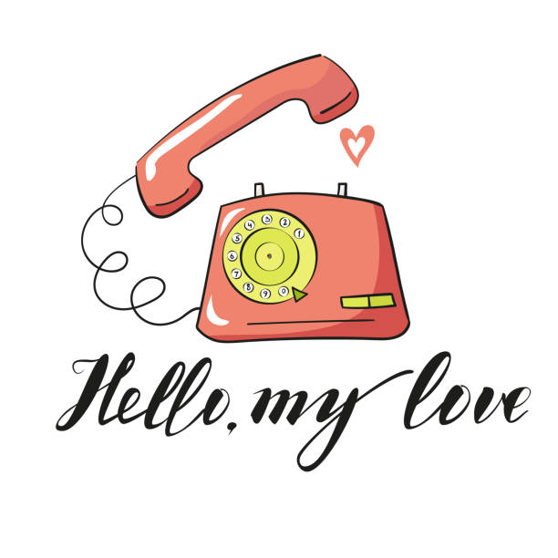 Vector illustration red color vintage telephone. Old retro phone in cartoon style. Lettering about love Vector illustration red color vintage telephone. Old retro phone in cartoon style. Lettering about love telephone line art stock illustrations