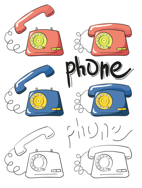 Vector illustration set of different colors of vintage telephones. Old retro phone in cartoon style. Blue, pink, red colors and outline isolated on white background Vector illustration set of different colors of vintage telephones. Old retro phone in cartoon style. Blue, pink, red colors and outline isolated on white background telephone line art stock illustrations