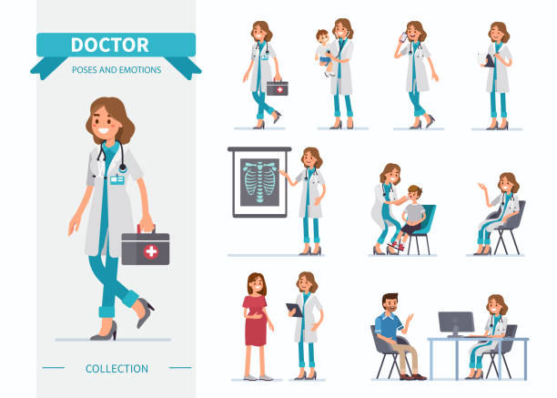 doctor poses Doctor woman character set.  Flat  cartoon style vector illustration isolated on white background. hospital emergency stock illustrations