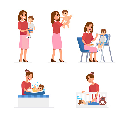 Mother and baby collection. Baby feeding, playing, bathing, sleeping. Flat style vector illustration isolated on white background.