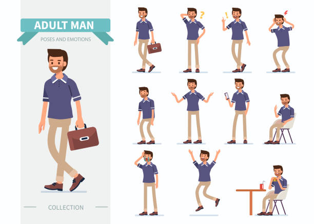 man poses Adult man different poses and emotions. Flat style vector illustration isolated on white background. confused guy stock illustrations