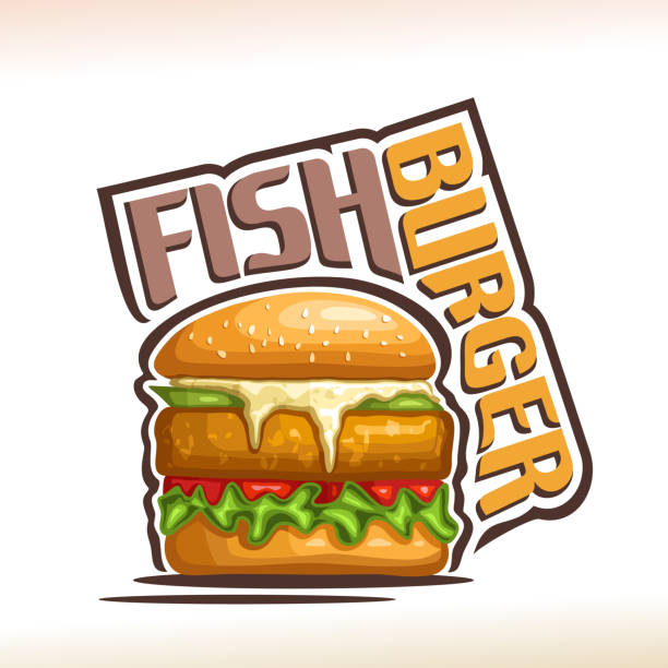 ilustrações, clipart, desenhos animados e ícones de rótulo de vetor para o hambúrguer de peixe - 2609