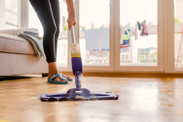 Beating the grime and dirt Modern mop for cleaning or Mopping wooden floor from dust. Regular cleaning is essential. People, housework and housekeeping concept. Photo of Unrecognizable woman cleaning, spraying hardwood floor of living room at home with floor mop. dragging photos stock pictures, royalty-free photos & images