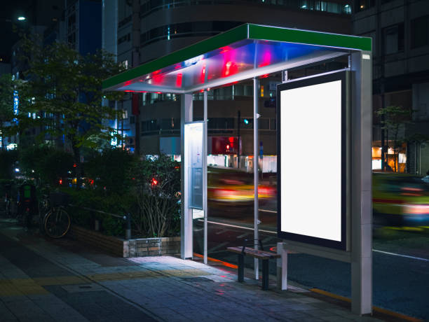 Bus shelter Banner template Media advertising outdoor street Sign Bus shelter Banner template Media advertising outdoor street Sign display at Night bus shelter stock pictures, royalty-free photos & images