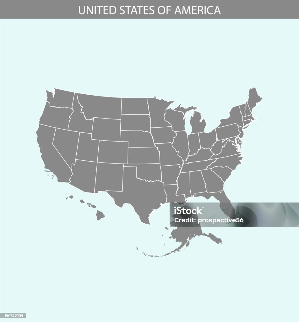 USA map vector outline illustration cartography in gray and blue background. Borders of all states of United States of America are included on this map. Vector stock vector