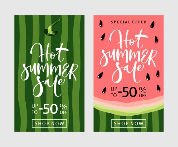ilustraciones, imágenes clip art, dibujos animados e iconos de stock de banner venta de verano con fondo de sandía - watermelon