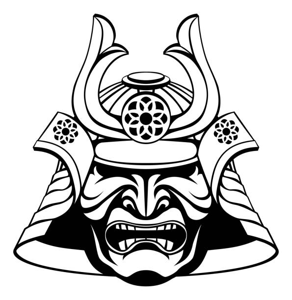 Stylised Samurai Mask An illustration of a stylised samurai mask and helmet samurai stock illustrations