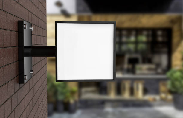 看板を壁、空の正方形ライト ボックス モックアップ、看板ボード、led グロー広告ボード、ビニール会社レンガの壁にサインします。3 d イラストレーション - lightbox ストックフォトと画像