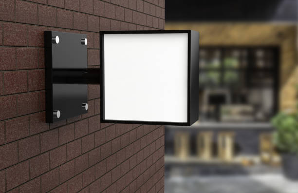 istock Signboard on the wall, Empty square light box Mock-up, signage board, led glow advertising board, vinyl company sign on brick wall. 3d illustration 961726592