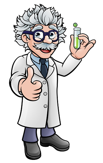A cartoon scientist professor wearing lab white coat holding a test tube and giving a thumbs up