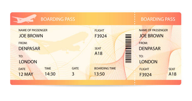 Boarding pass (ticket, traveler check template) with aircraft (airplane or plane) silhouette on background Travel by Aerial Transport. Enjoy your vacation. Isolated vector on white charter document stock illustrations