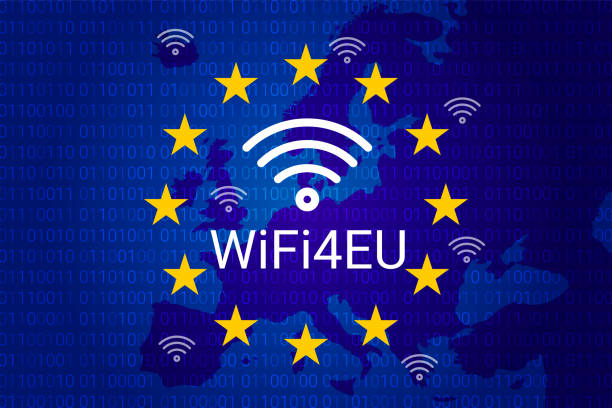 ilustrações, clipart, desenhos animados e ícones de wifi4eu - hotspots wi-fi gratuito na união europeia. ilustração vetorial - european union flag flag european community interface icons