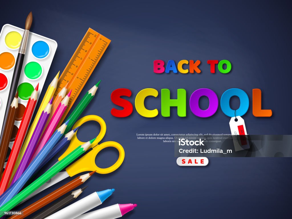 Back to school sale poster with realistic school supplies. Paper cut style letters on blackboard background. Vector illustration. Back to School stock vector
